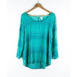 Lucky Brand Embroidered Mesh Turquoise Green Top Size L